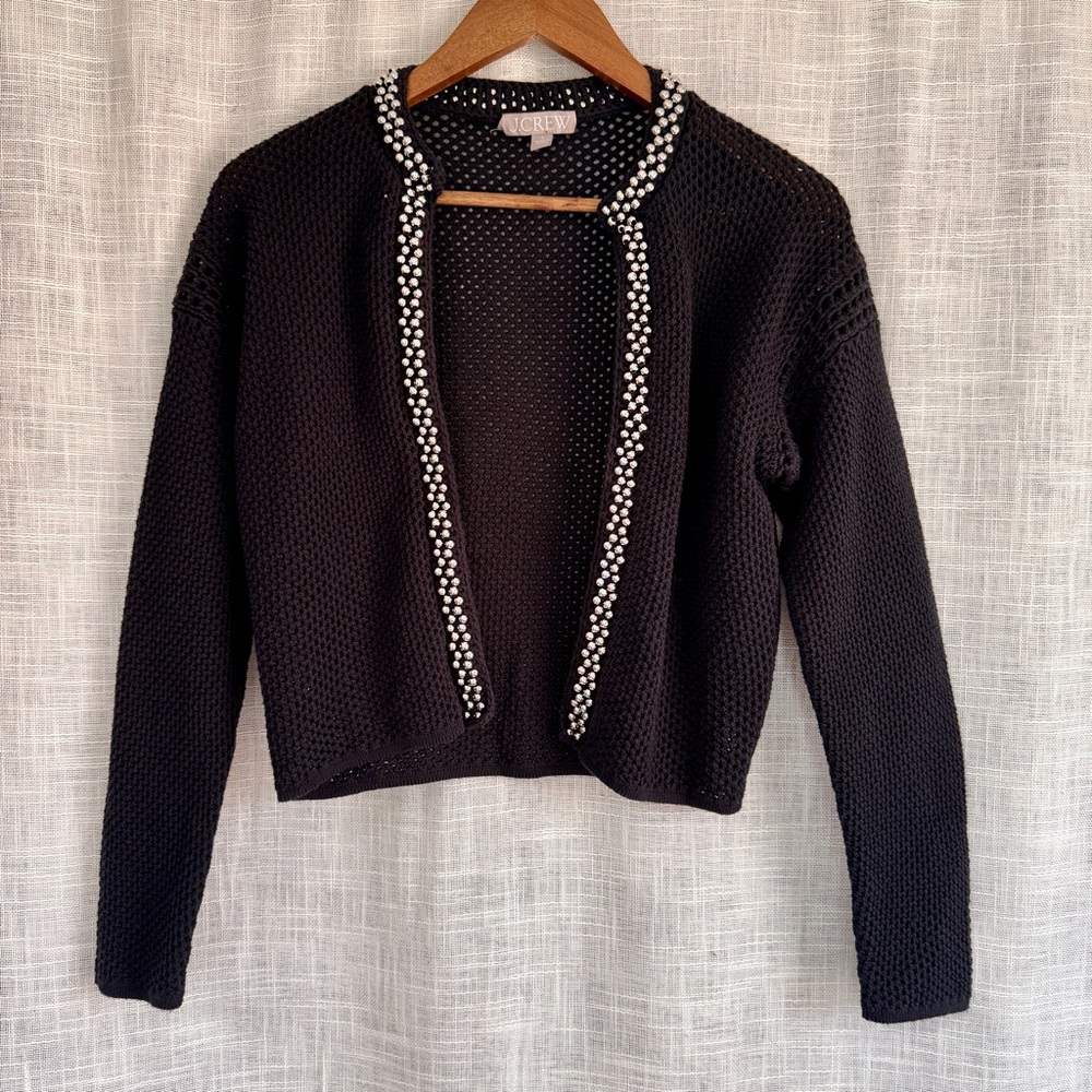 J Crew Black Silver Beaded Open Crochet Cardigan Sweater
